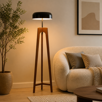 Art Deco Wood LED Tripod Floor Lamp