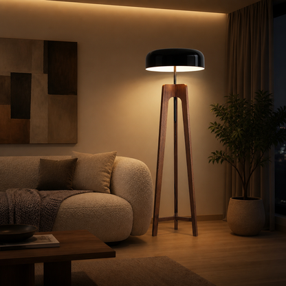 Art Deco Wood LED Tripod Floor Lamp