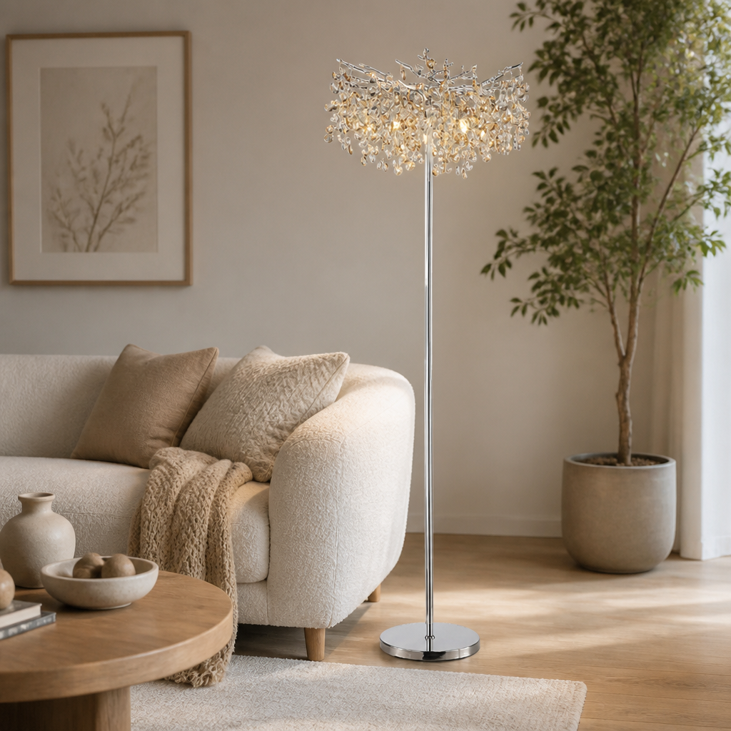 
Silver Crystal LED Floor Lamp with Dimmable Light