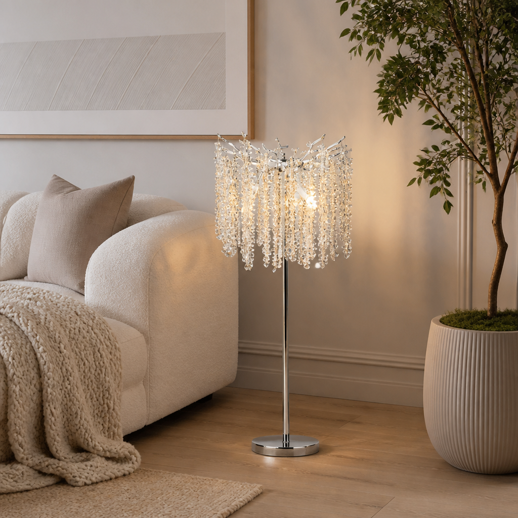 
Silver Crystal LED Floor Lamp with Dimmable Light