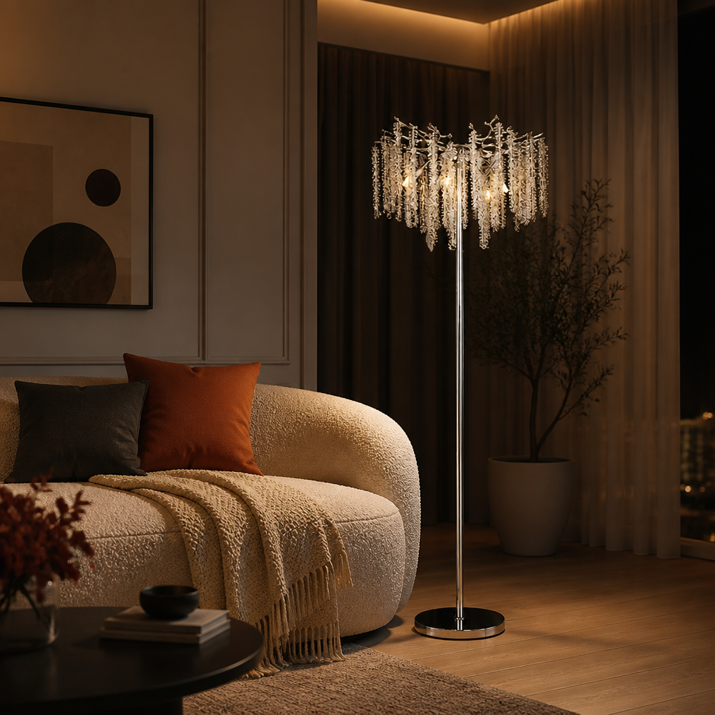 
Silver Crystal LED Floor Lamp with Dimmable Light